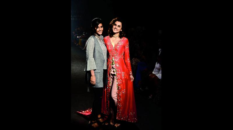 Divya Reddy was inspired by the fall colours for her designs at the show. Taapsee though, stood out in a bold red
