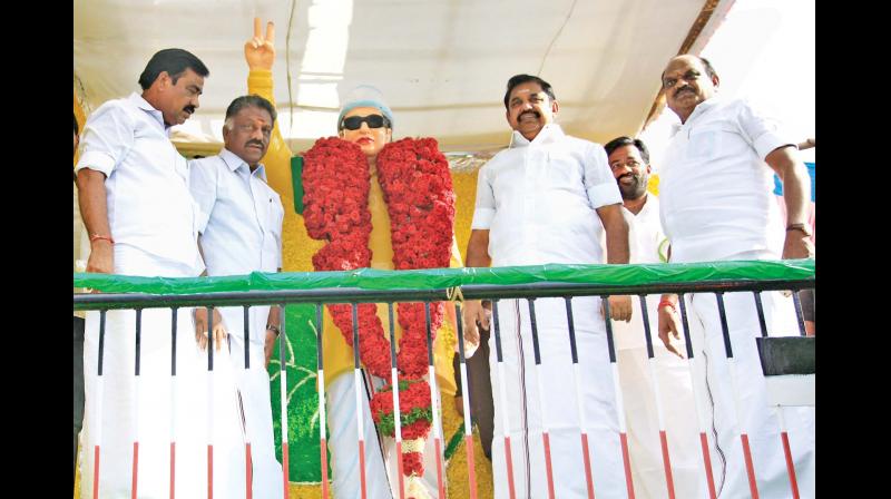 CM Palaniswami along with Deputy CM Panneerselvam pays floral tribute to party founder MGRs statue at Ariyalur on Wednesday (Photo: DC/Representational Image)