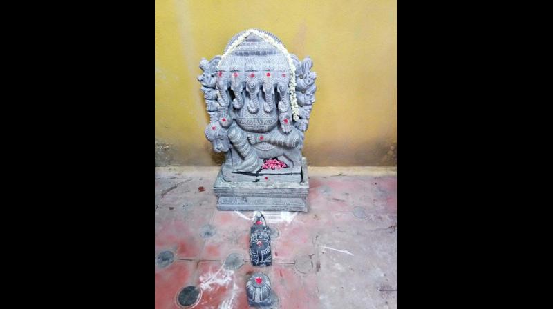 Panchamukha Herambha Ganapathy, along with mouse and Bali peetam, carved out of granite,  waiting to be handed over to Tripurasundari Chandramouleeswarar  temple (Photo :DC)
