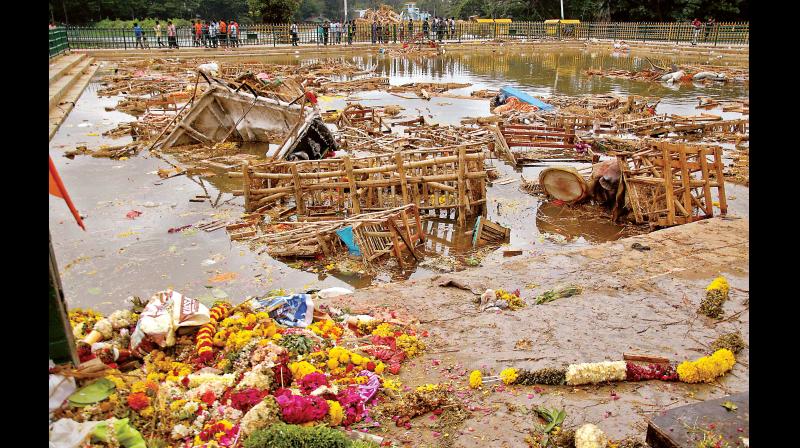 Remains of Ganesha idols immersed at Ulsoor Lake in Bengaluru on Monday (Photo: DC)