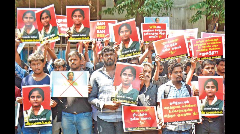 Activists of May 17 movement stage a protest against Neet near BJP office at T. Nagar on Sunday (Photo: DC) (Representational Image)