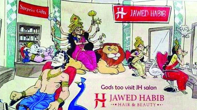 The print ad shows several Hindu gods  Durga, Ganesh, Karthik, Lakshmi and Saraswati  enjoying a spa day at a Habibs parlour