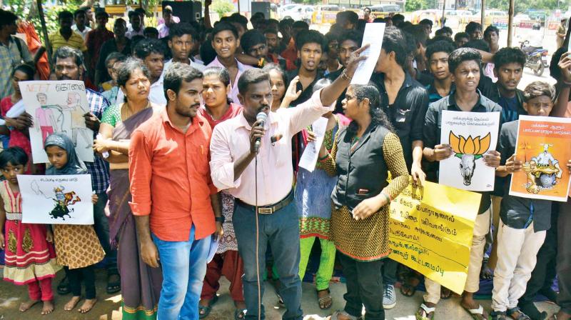 Members from RSYF protest in Chennai on Thursday, condemning Anithas death (Photo: DC)