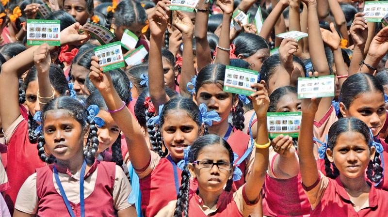 Students of Jaigopal Garodia Government Girls Higher Secondary school take part in dengue awareness campaign organised by the health education department of Chennai corporation on Friday (Photo: DC)