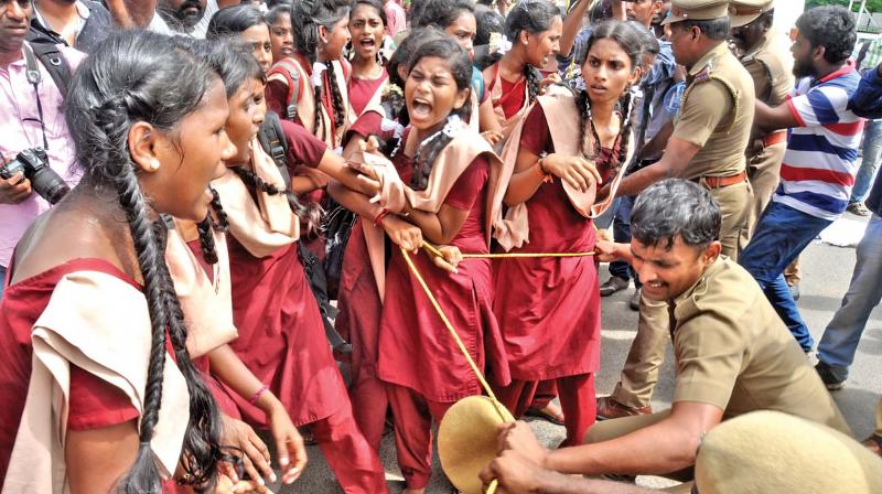 Students from Corporation school in Nungambakkam on Saturday stage a protest against Neet and condemn the death of Anitha  (Photo: DC)