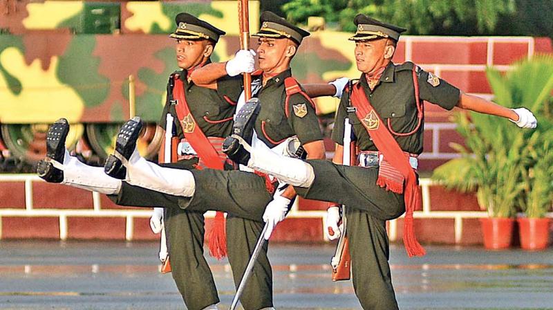 Cadets march past at the Passing Out Parade held at Officers Training Academy in Chennai (Photo: DC)