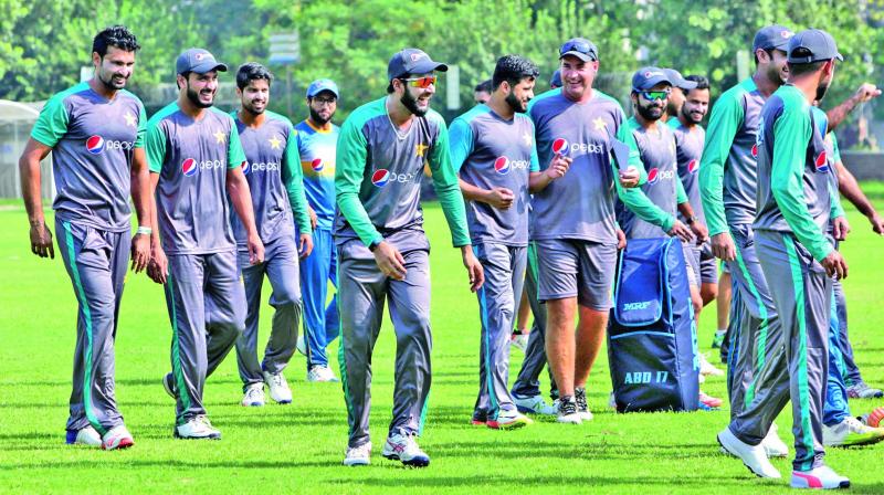 Pakistan cricketers during a training session for the upcoming World XI series in Lahore on Sunday (Photo: AP)