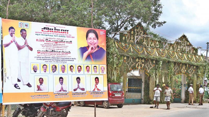 The Srivaru Venkatachalapathy Palace in Vanagaram is decked up with flowers on Monday, for the AIADMK General Council and Executive committee meeting scheduled on Tuesday. (Photo : DC)