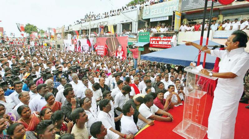 DMK working president M.K. Stalin addresses an all party protest against Neet at Tambaram on Wednesday (Photo: DC)