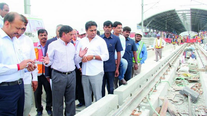Minister K.T. Rama Rao inspects work on the Metro Rail project at the Oliphanta Bridge, Secunderabad (Photo: DC)