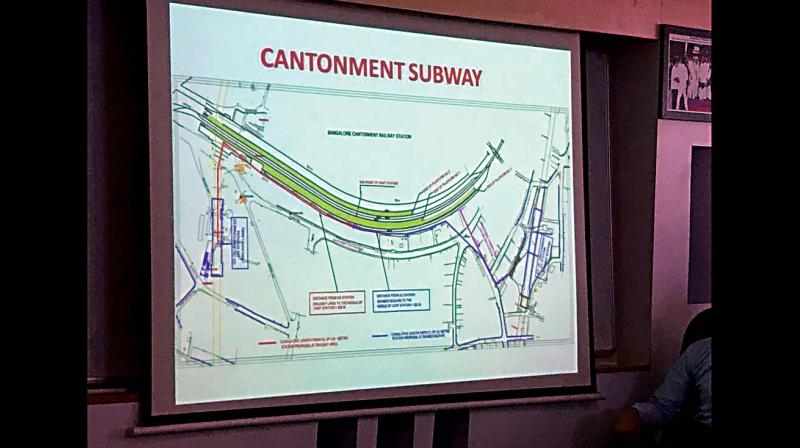 A schematic map of the line near Cantonment Metro Station