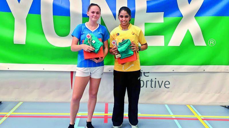 Jakka Vaishnavi Reddy (right) and Vivien Sandorhazi of Hungary pose with their trophies at the Yonex Belgian Junior badminton tournament conducted by the Belgian Badminton Federation in Herstal, Belgium.