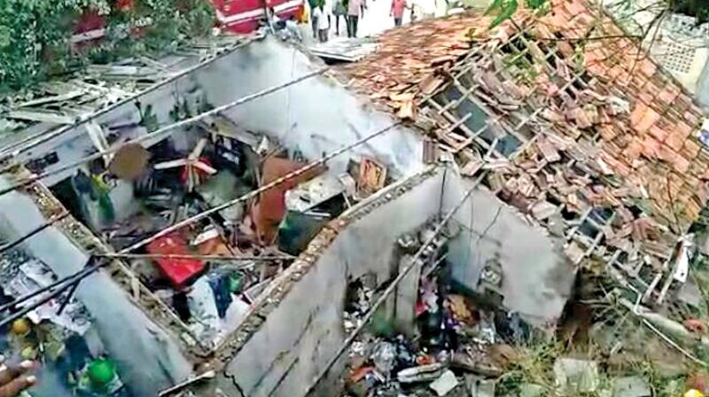 Aerial view of the two houses damaged in the illegal cracker unit blast in Kancheepuram on Sunday.