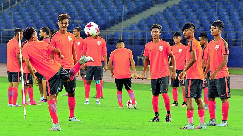 Members of the Indian team at a training session at the Jawaharlal Nehru Stadium in New Delhi on Thursday, the eve of their Under-17 World Cup opening match against USA (Photo: Pritam Bandyopadhyay)