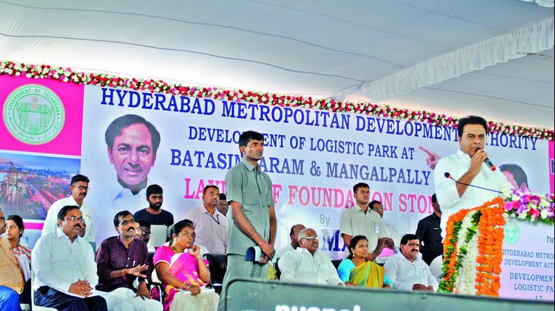 Minister K.T.Rama Rao speaks at Batasingaram after laying foundation stone for logistics park on Friday (Photo: DC)