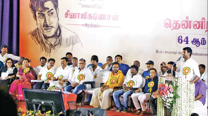 Nadigar Sangam secretary, actor Vishal addresses the gathering during 64th Annual General meeting in the city on Sunday (Photo: DC)