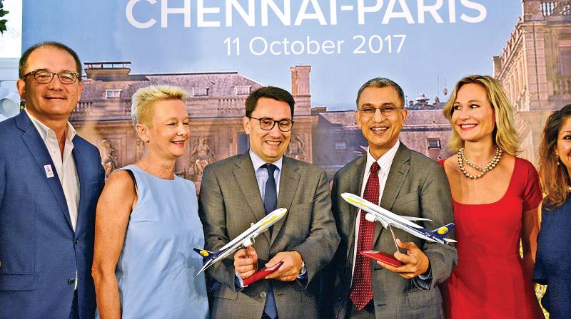 Alexandre Ziegler, Ambassador of France to India, and Vinay Dube, CEO, Jet Airways, announce the launch of Jet Airways Chennai-Paris, non-stop flight during a press briefing in the city on Wednesday (Photo: DC)