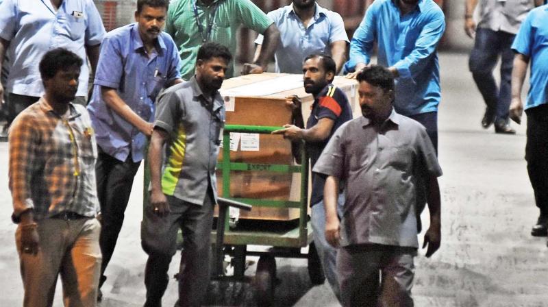 Body of Slain Don Sridhar Dhanapal being moved out of the Chennai airport around 7 p.m. on Sunday. The body was stranded in the airport for over eight hours (Photo: DC)