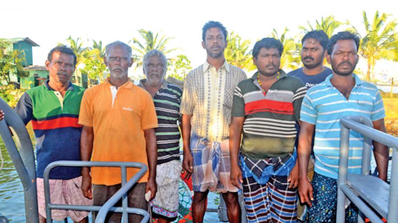 The seven sailors who set sail from Thoothukudi on their safe arrival at Galle harbour. (Photo: DC)