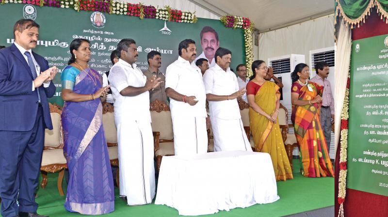 Chief Minister Edappadi K. Palaniswami lays foundation stone for aeroplane parts manufacturing company and nine other companies at Sipcot Industrial Estate at Sriperumbudur on Wednesday.(Photo: DC)