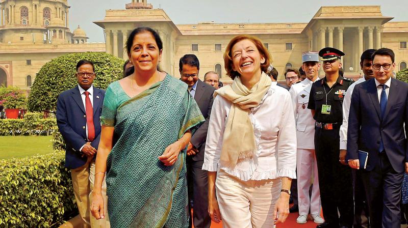 Defence minister Nirmala Sitharaman with her French counterpart Florence Parly, at the South Block in New Delhi on Friday (Photo: PTI)