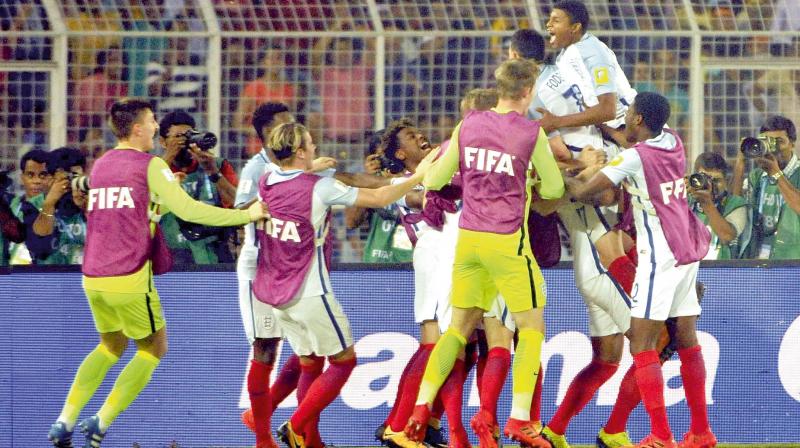 Englands Philip Foden celebrates his first goal against Spain in their Fifa U-17 World Cup final at the Salt Lake Stadium in Kolkata on Saturday. The Young Lions won 5-2. (Photo:  Pritam Bandyopadhyay)