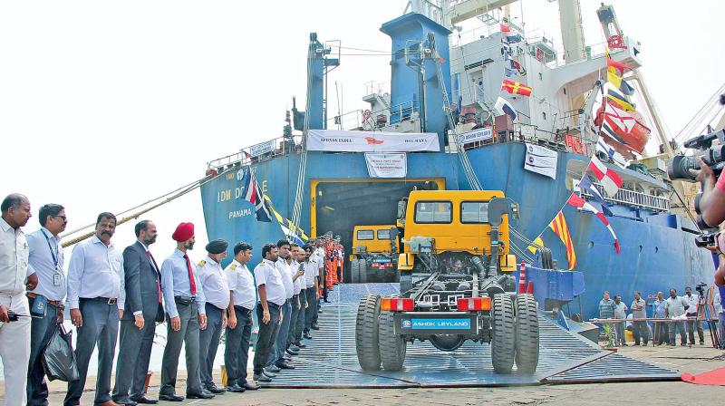 Ashok Leyland launches the automobile consignment from Chennai port to Bangladesh by sea on Saturday. (Photo: DC)