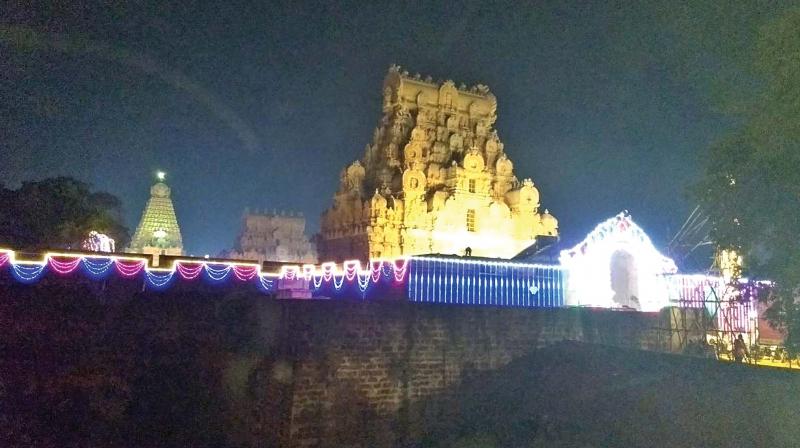 Illuminated Big temple for  the Sadhaya Vizha at Thanjavur on Sunday night. (Photo:	DC)