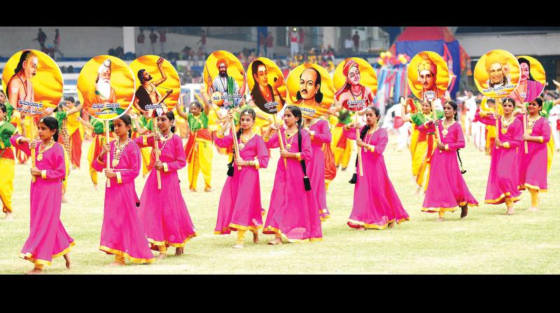 Children take part in the 62nd Rajyotsava Day celebrations in Kanteerava Stadium on Wednesday.