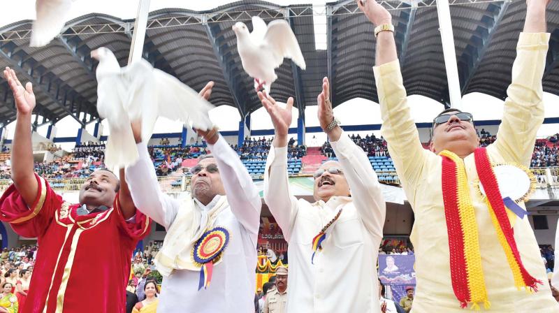 Chief Minister Siddaramaiah at the 62nd Karnataka Rajyotsava celebrations at Kanteerava stadium in Bengaluru on Wednesday.