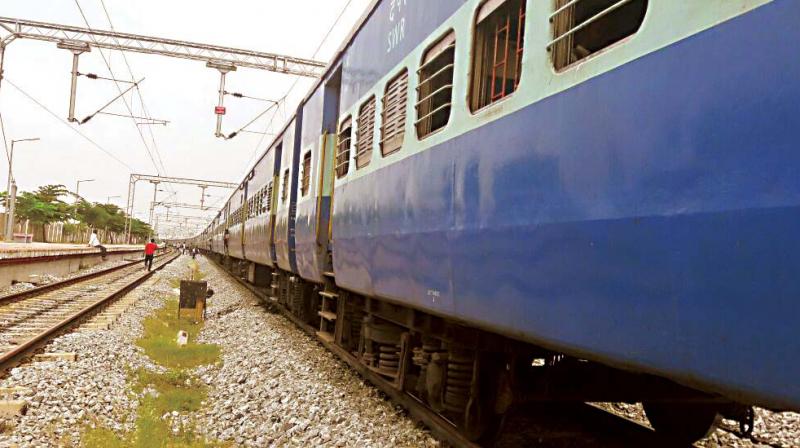 Tipu Super Fast Express train was held at Byadrahalli near Mandya owing to track repairs on Thursday. (Photo: DC)