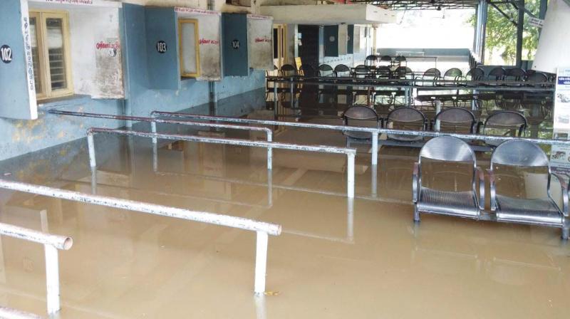 Rainwater in Chrompet government hospital on Friday morning. (Photo: DC)