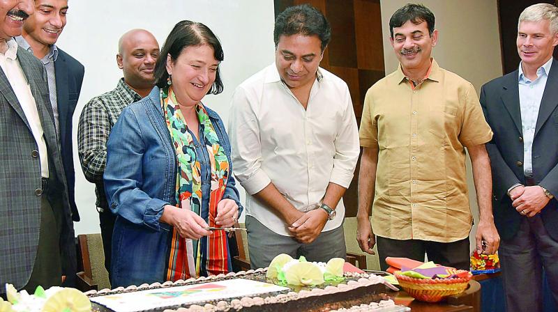 IT minister K.T. Rama Rao, US Consul general Katherine Hadda and IT Secretary Jayesh Ranjan and others during the second anniversary celebrations of T-Hub in Hyderabad on Sunday. (Photo: DC)