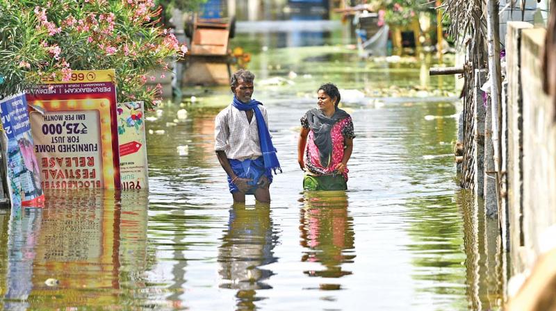 Residents of suburban Madipakkam wade through knee deep water as the area remains waterlogged on Sunday.(Photo: DC)