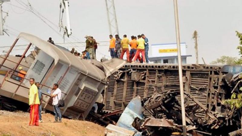 The mangled remains of Hirakhand Express which met with an accident near Kuneru station in Vizianagaram, Andra Pradesh. (Photo: AP)