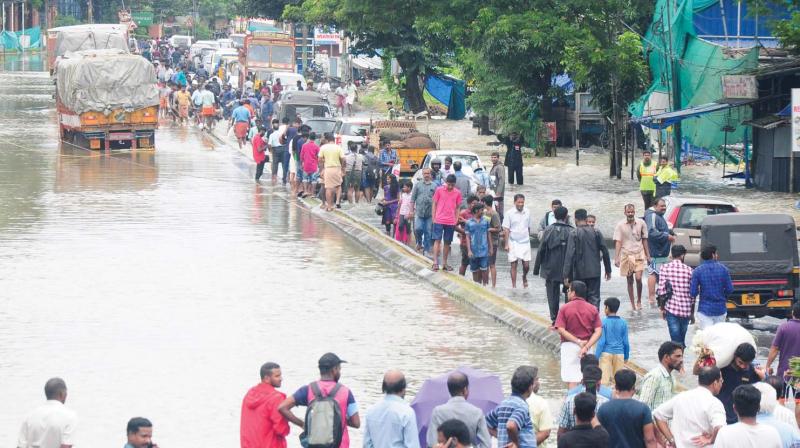 A scene from Thrissur Viyur road during the flood.