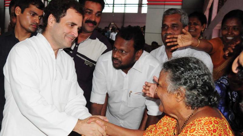 Congress president Rahul Gandhi meets 80-year-old Flory at the V.R. Puram relief camp in Chalakkudy on Tuesday(Photo: Anup K.Venu)
