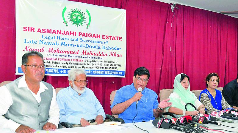 Heirs and successors of Sir Asman Jah, Prime Minis-ter of the erstwhile Hyderabad State, led by grandson Nawab Md. Mohiuddin Khan speak to the media