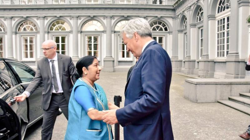 External Affairs Minister Sushma Swaraj with Belgian Deputy Prime Minister and Foreign Minister Didier Reynders upon her arrival at Egmont Palace, Belgium (Photo: MEAIndia/Twitter)