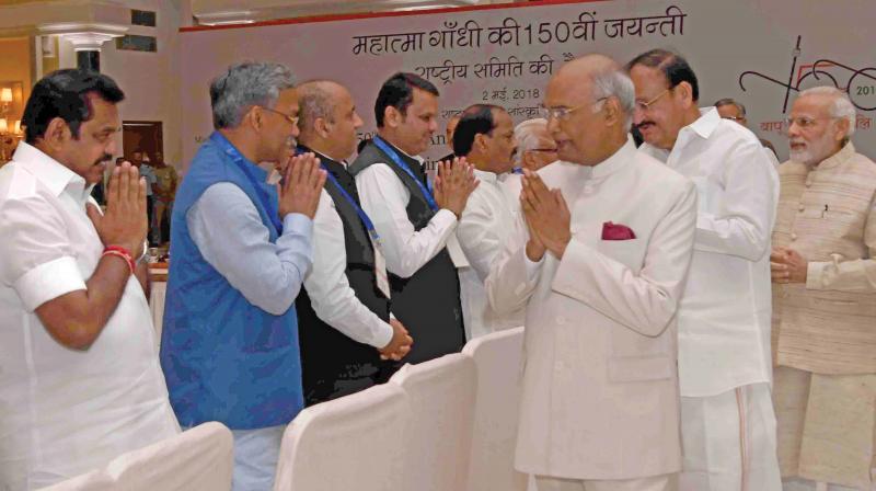 Chief Minister Edappadi K. Palaniswami participated in the first meeting of the national committee for the commemoration of the 150th birth anniversary of Mahatma Gandhi, held at the Rashtrapati Bhavan on Wednesday. More than 80 of the 124 members of the committee, including 23 CMs, attended the meeting chaired by President Ram Nath Kovind. (Photo: DC)