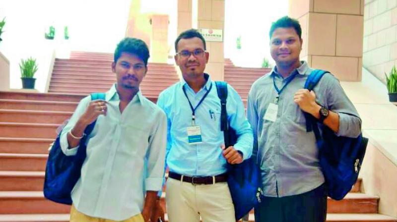 Adivasi students Atram Roshan Kumar, Kunjam Santosh and Kumra Nikhil at Indian School of Business (ISB) in Hyderabad.