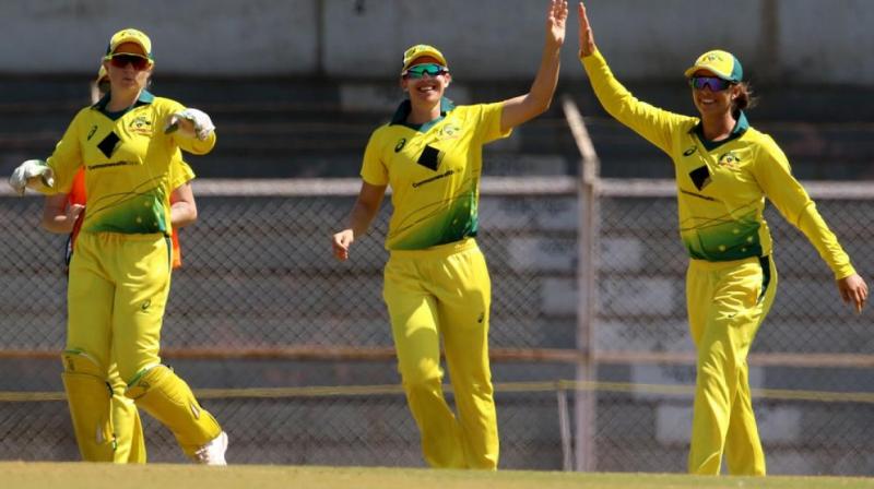 Australian eves celebrate after dismissing Indias Jemimah Rodriguez. (Photo: BCCI)