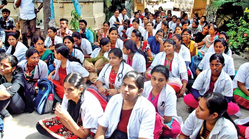 Medicos protest at Stanley Medical College on Sunday.