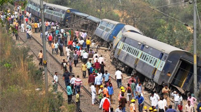 Coaches of the Meerut-Lucknow Rajya Rani Express which derailed near Rura railway station, in Rampur, Uttar Pradesh on Saturday. (Photo: PTI)