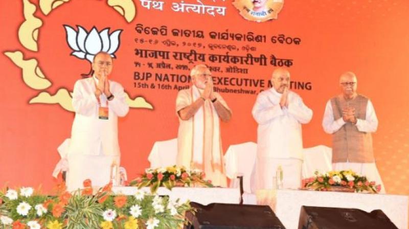 FInance Ministr Arun Jaitley, PM Narendra Modi, BJP president Amit Shah and veteran leader LK Advani on the stage at the party national executive meet. (Photo: Twitter)