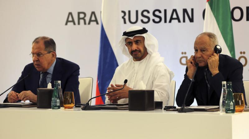 (L-R) Russian Foreign Minister Sergey Lavrov, Emirati Foreign Minister Sheikh Abdullah bin Zayed Al Nahyan and Arab League Secretary General Ahmed Aboul-Gheit take part in a press conference in Abu Dhabi, United Arab Emirates, on Wednesday. (Photo: AP)