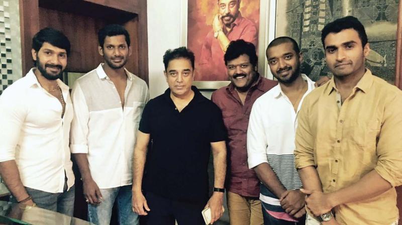 Vishal, Kamal Haasan with Nadigar Sangam office members.