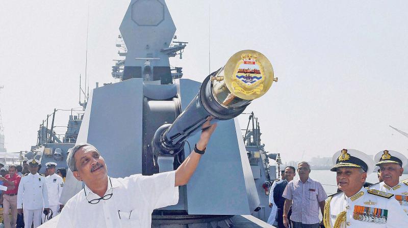 Defence Minster Manohar Parrikar and Chief of Naval Staff Admiral Sunil Lanba during the commissioning ceremony of INS Chennai in Mumbai on Monday (Photo: AP)