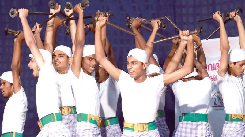 Students from Karunagapally Boys HSS Kollam perform Kolkali at State School Youth Festival in Alappuzha on Saturday 	(Photo:ARUN CHANDRABOSE)
