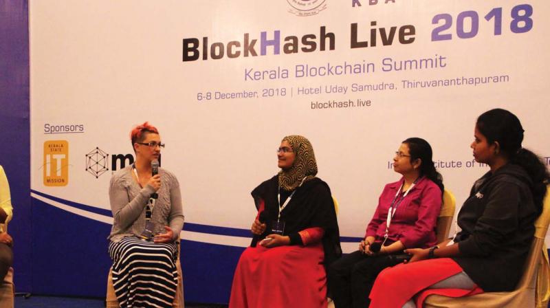 (From left) Ms Lakshmi, student of IIITM-K; Ms Jennifer Greyson, Founder and CEO, Neureal; Ms Jennath. H.S, moderator; Ms Sushmita Ruj, Assistant Professor, ISI, Kolkata; and Ms Parvathy. P.B, blockchain developer at  the launch of a Blockchain Women Connect at the three-day blockchain summit BlockHash Live 2018, organised by Kerala Blockchain Academy at Kovalam in Thiruvananthapuram.